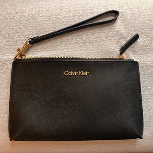 Calvin Klein Black Zip Wristlet Wallet Gold Hardware